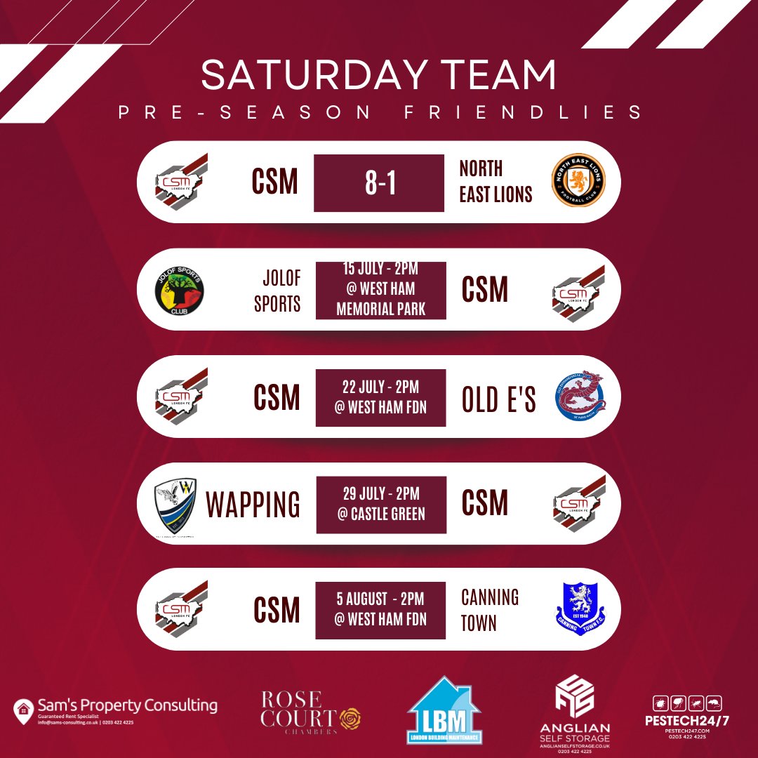 🏆 Friendly
⚪ <a href="/JolofsportsFc/">JolofSports FC</a> vs <a href="/CSMLondonFC/">CSM London FC</a> 

A change in scheduling sees the Saturday side face a tough pre-season test against fellow Step 7 side, Jolof Sports. A great game leading up to a newly announced fixture with <a href="/ClaptonCFC/">Clapton CFC</a> next week.

#CSM