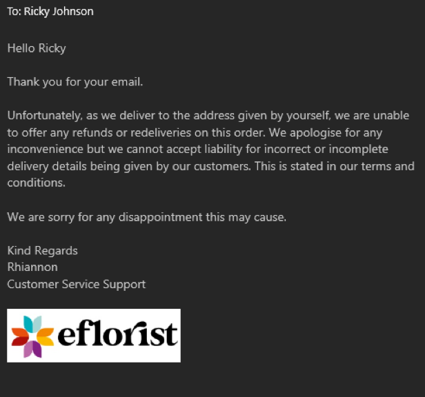 rickyjohnson87's tweet photo. @efloristflowers amazing customer services! just copy and pasting replies regardless of what I ask, outstanding! https://t.co/iRlQ6aATjh