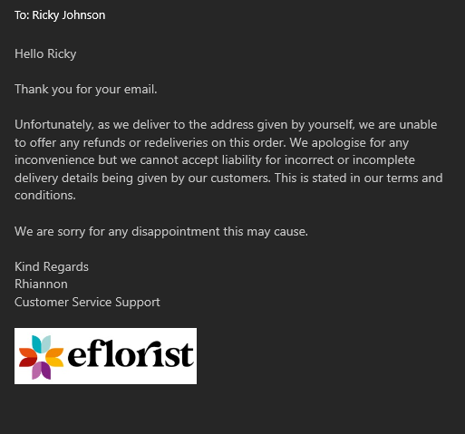 rickyjohnson87's tweet photo. @efloristflowers amazing customer services! just copy and pasting replies regardless of what I ask, outstanding! https://t.co/iRlQ6aATjh