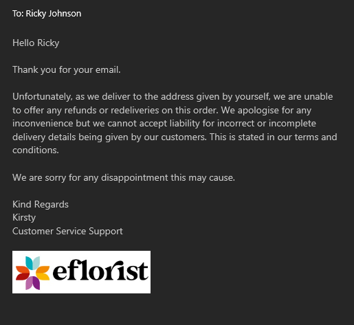 rickyjohnson87's tweet photo. @efloristflowers amazing customer services! just copy and pasting replies regardless of what I ask, outstanding! https://t.co/iRlQ6aATjh
