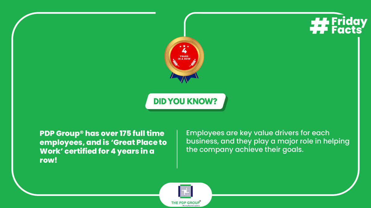ThePDPGroup's tweet photo. Thank God It's Friday, because it's time for a PDP #FridayFact! Employees are backbone of every company, & we are proud to be recognized for our employee wellness practices. We are certified as a 'Great Place to Work' for 4 years in a row!
#lifeatPDP #PDPian #greatplacetowork https://t.co/pYmFipHikv