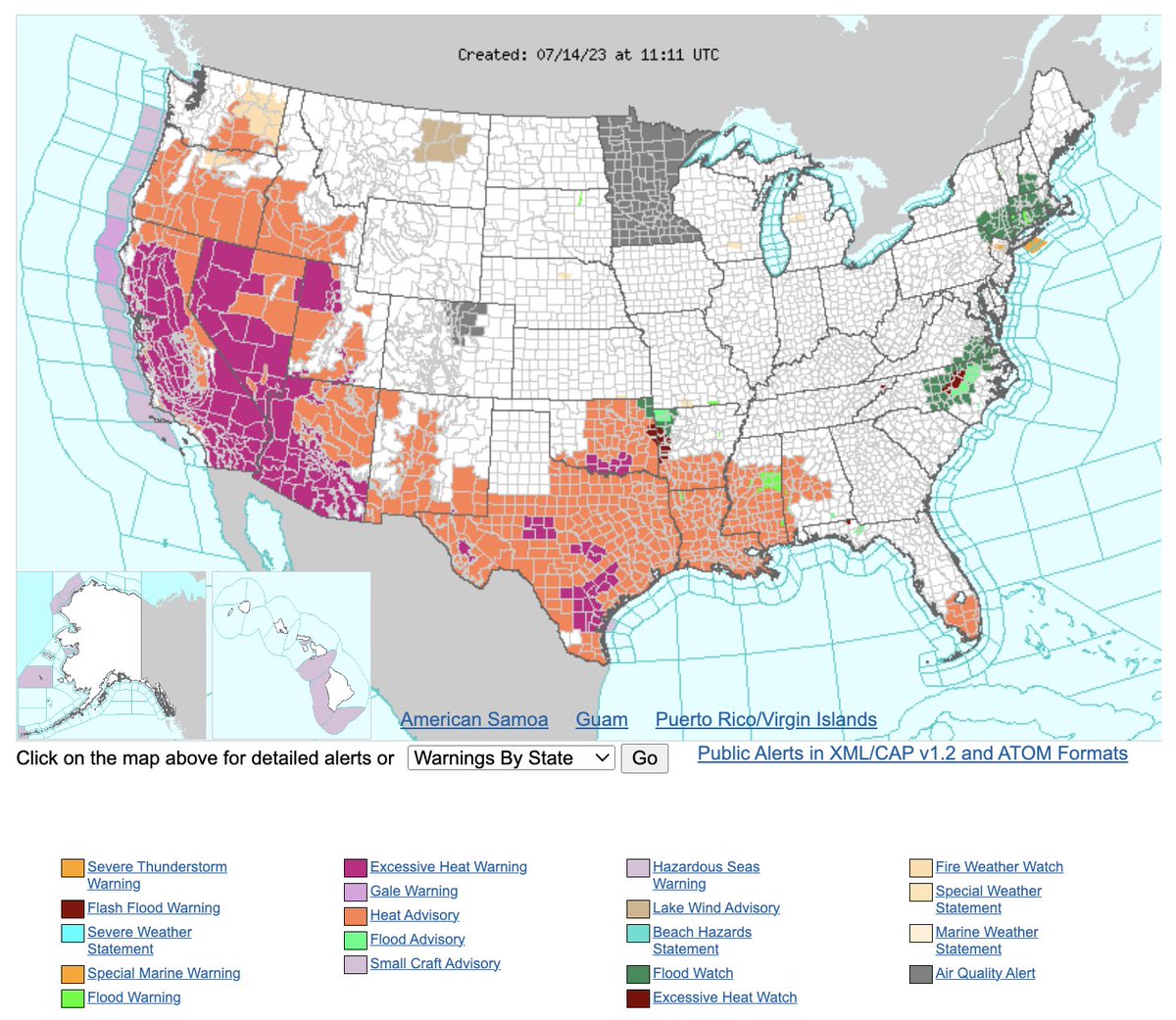 #Heat related warnings cover large portions of the southern and western U.S. this morning, while air quality alerts are in effect in #Minnesota. 

View all U.S. weather hazards here: https://t.co/2Ao7ryR5hf https://t.co/LsCzdRls61
