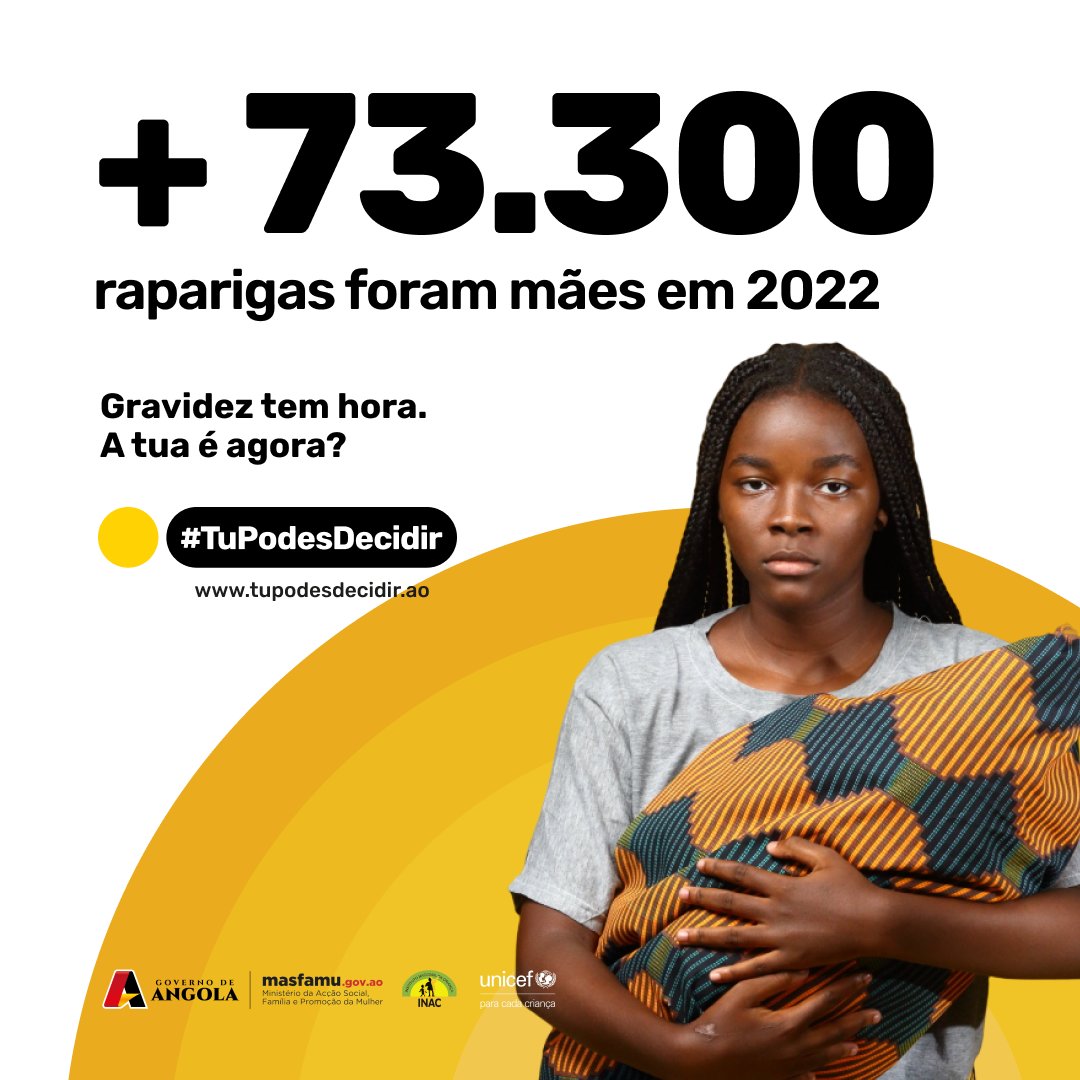 Só em 2022 mais de 73.300 raparigas dos 15 aos 19 anos foram mães.

Este é um problema grave em Angola.

Vamos diminuir este número?

Porque gravidez tem hora. E não é agora.

#TuPodesDecidir