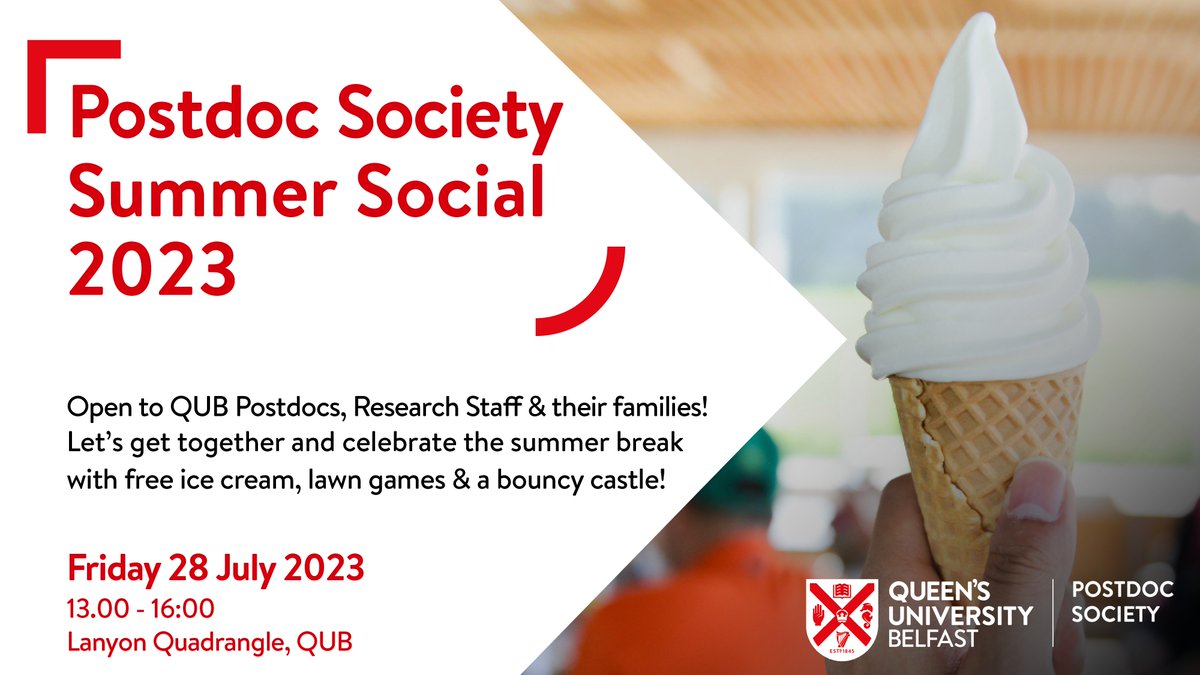 QUBPostdocSoc's tweet photo. 🚨 It's only 2 weeks until our Summer Social event, held in the Lanyon Quadrangle between 1-4pm

We have a great afternoon of fun organised - with ice cream, lawn games &amp; a bouncy castle - open to all Postdocs, research staff &amp; their families

🔗Register: https://t.co/CLSSXoICfs https://t.co/HQvDkvqcmb