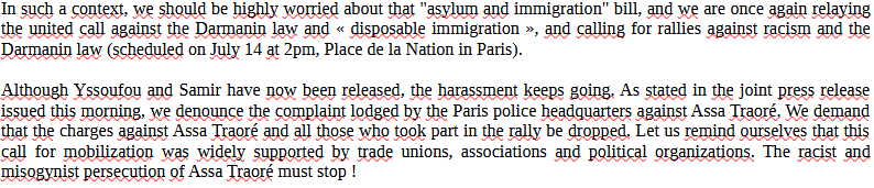 ucl37's tweet photo. Notre communiqué du 9 juillet traduit pour les 10 ans de #BlackLivesMatter (hier) No more police brutality and institutional racism!
Our last statement translated to mark 10 years of #BLM
Pour le texte complet / for full text : ucl37@riseup.net
#DissolutionBravM #DefundThePolice https://t.co/nQSuPQtqPE