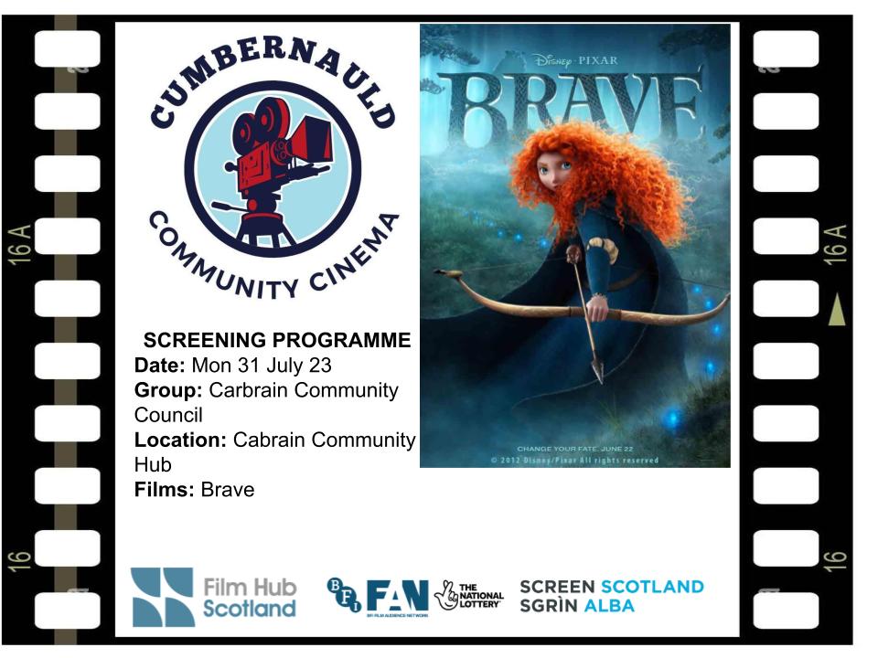 Cumbernauld Community Cinema (@cumbernauldcc) on Twitter photo Cumbernauld Community Cinema <a href="/CumbernauldCC/">Cumbernauld Community Cinema</a> continues its 2023/24 regular screening programme with Frozen on Mon 17 July and Brave on Mon 31 July. The screenings will be hosted by Carbrain Community Council <a href="/CarbrainH/">Cumbernauld & Carbrain Community Hub</a> at their community hub in Cumbernauld Town Centre. Cumbernauld Community Cinema <a href="/CumbernauldCC/">Cumbernauld Community Cinema</a> continues its 2023/24 regular screening programme with Frozen on Mon 17 July and Brave on Mon 31 July. The screenings will be hosted by Carbrain Community Council <a href="/CarbrainH/">Cumbernauld & Carbrain Community Hub</a> at their community hub in Cumbernauld Town Centre.