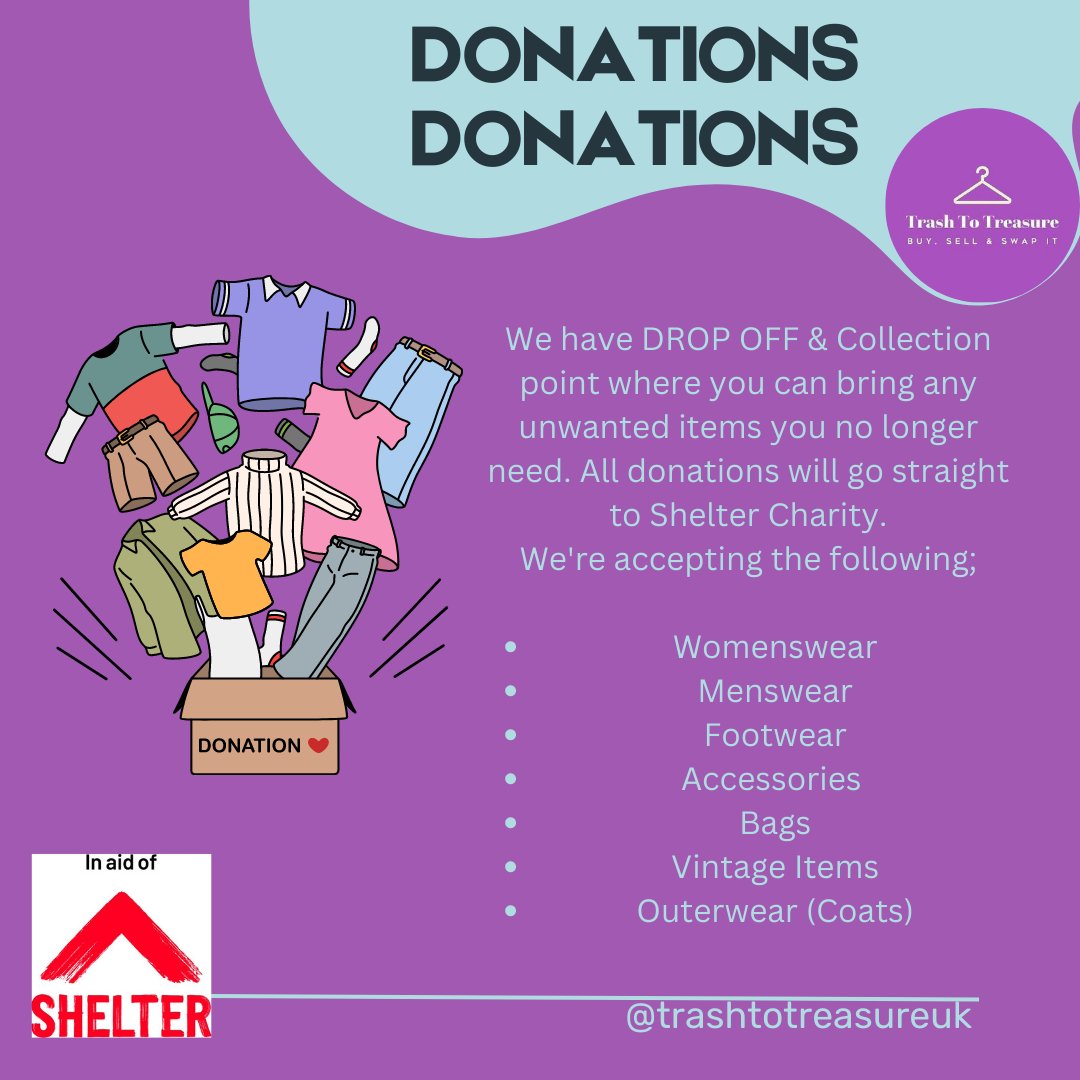 TrashToTreasur6's tweet photo. Have you got any unwanted items that you'd like to donate to a good cause? All donations will be going to @Shelter. Look at the check list below so you know what to bring. #donation #charity 

Held at @WhiteCityPlace (W12 7TP) on 28th July

Free tickets: https://t.co/kJMZEGUYy1 https://t.co/bAU0vxgsnv