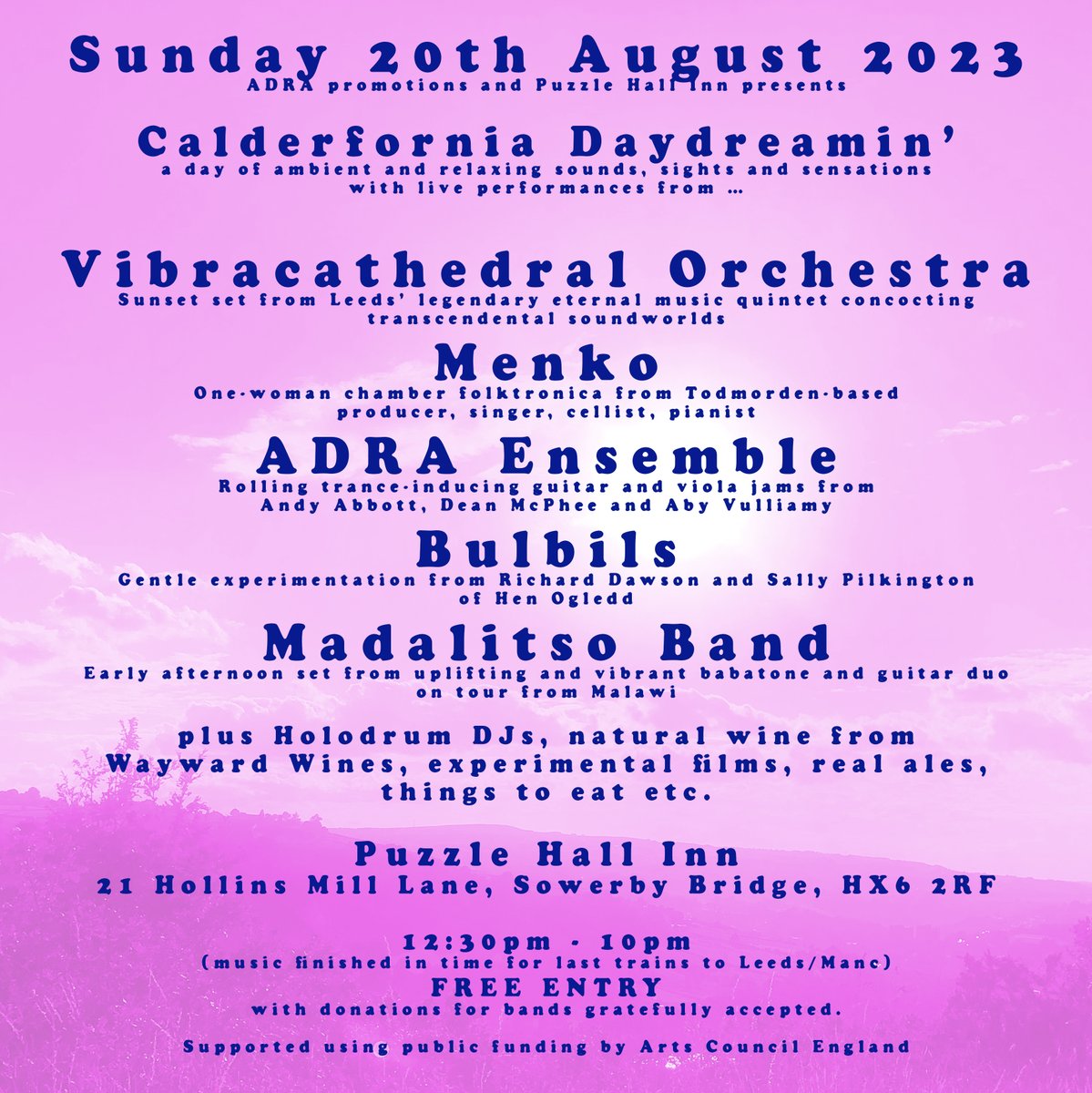 Calderfornia Daydreamin': day of ambient and immersive music at <a href="/puzzlehallinn/">Puzzle Hall Inn</a> Sowerby Bridge next month w/ @astralsocialite <a href="/richarddawson12/">rich(ard) dawson</a> @deanmcphee <a href="/AbyVulliamy/">Unnecessary Spectacles</a> <a href="/MadalitsoBand/">Madalitso Band</a> <a href="/waywardwines/">Wayward Wines</a> <a href="/_holodrum_/">HOLODRUM</a> and more. 12pm - 10pm. Free/ donation entry.