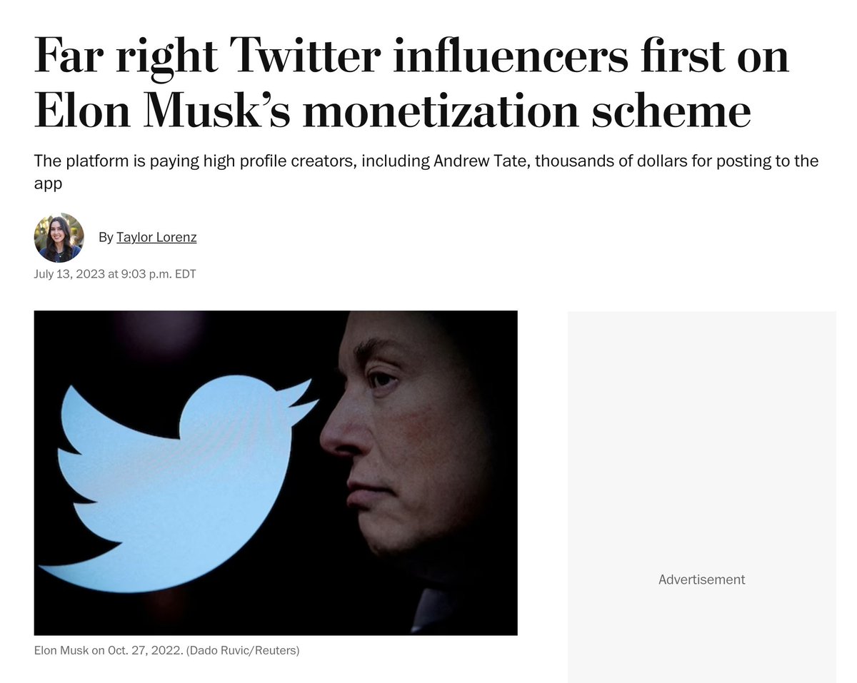 EdKrassen's tweet photo. I want to address some things regarding Taylor Lorenz's Washington Post story.

1) I support most of her reporting.

2) Her story entitled "Far right Twitter influencers first on Elon Musk's monetization scheme" is a terrible piece of journalism

3) The article states, "On Thursday Twitter announced that it would begin sharing ad revenue with content creators."  

Fact is, this announcement actually came back in February.  I specifically remember it as do many others.

4) Her article goes on to claim, "The first beneficiaries appear to be string of high profile far right influencers who tweeted before the announcement how much they’ve earned..."  

Again, this is factually incorrect. Twitter sent out notifications to those receiving money at around 12:42PM ET on Thursday. The first person tweeting about being paid was Ashley St. Clair at 1:04PM ET, followed by Benny Johnson at 1:14PM ET and then many others. All of the influencers were not "far right influencers," unless you consider myself and Brian Krassenstein to be "far right." We both received more than any of those individuals mentioned in Taylor's article. Mr. Beast ($25K) also received about the same as Brian and I.  He definitely is not "far right."

5) At the time of Taylor Lorenz's article, several left-leaning people had already tweeted that they were paid, including ourselves and Katherine Brodsky, but she claims in the article that "So far, the influencers who have publicly revealed that they’re part of the program are prominent figures on the right."  At the time, Brian's tweet about his payment had already received over 5 million impressions.

This article was very bad reporting on behalf of the Washington Post and Taylor Lorenz, and that's coming from someone who normally likes the WaPo.