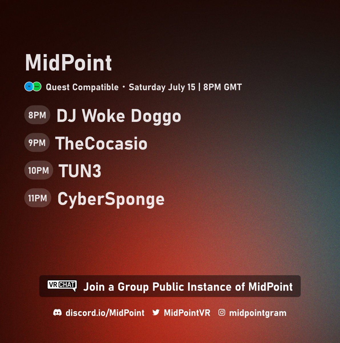 MidPointVR's tweet photo. This Saturday at the #MidPoint venue in #VRChat.
#QuestCompatible and optimized.
Starting time in different timezones:
9PM BST
10PM CEST
4PM EDT
5AM JST
https://t.co/RDJWRn6cjy
Avatars rated as Very Poor are not permitted.
#vrchatevents #DrumandBass #DnB #EDM #House #VRC #VRDJs https://t.co/xdrTpa9H9R