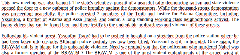 ucl37's tweet photo. Notre communiqué du 9 juillet traduit pour les 10 ans de #BlackLivesMatter (hier) No more police brutality and institutional racism!
Our last statement translated to mark 10 years of #BLM
Pour le texte complet / for full text : ucl37@riseup.net
#DissolutionBravM #DefundThePolice https://t.co/nQSuPQtqPE