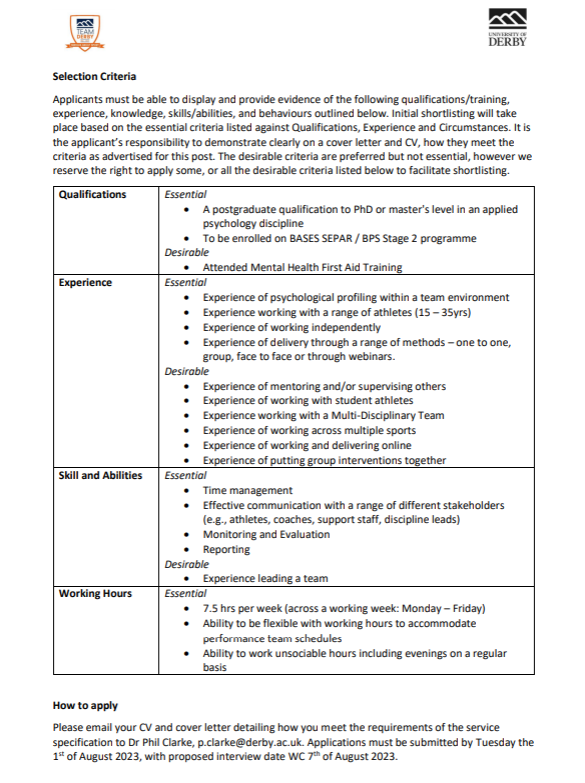 TRAINEE SPORT PSYCHS!! <a href="/TeamDerby/">Team Derby</a>  are looking for a <a href="/BASES_Psy/">CASES Division of Psychology</a> SEPAR or <a href="/BPS_DSEP/">BPS Sport & Exercise Psychology (DSEP)</a> stage 2 candidate to come work with us at <a href="/DerbyUni/">University of Derby</a>.Pictures of job spec below :) Closing date is the 1st of August.
DM for questions. #traineesportpsych #SEPAR #stage2 Please RT 👇👇👇👇