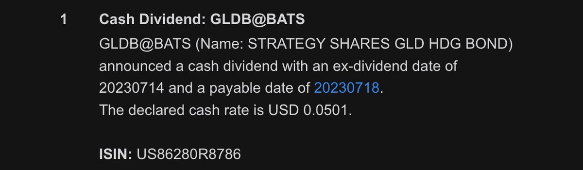 GOLY_ETF's tweet photo. $GLDB just announced its monthly cash dividend!

🌟 Stock Price = 20.17 USD
🌟 YTD Returns = +6.31%

🌟 Monthly Dividend = 0.0501
🌟 Dividend Yield = 2.9%

GLDB ETF is the only $GOLD ETF that pays you a monthly dividend on top of your #preciousmetals gains.

#DivTwitter https://t.co/MnTo5yl8Dn