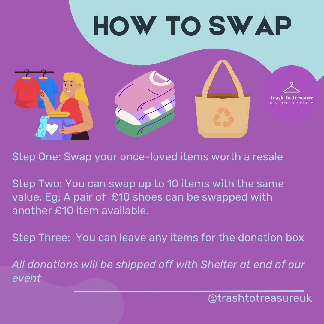 TrashToTreasur6's tweet photo. ✅️ You can bring up to x 10 items to the swap area
✅️ Make sure all items are clean, washed &amp; ready to swap.
✅️ You can bring outerwear, bags, kidswear, menswear &amp; footwear
✅️ Bring your own bags 
✅️ Any items you dong want, you can donate to @sheltercharity. https://t.co/80Hr6cxsjJ