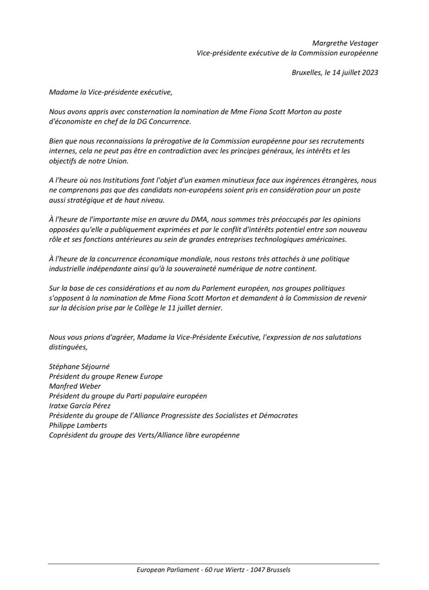 steph_sejourne's tweet photo. Une Américaine comme directrice des études économiques de la Commission 🇪🇺 ? Pour le Parlement européen, c’est non ! 

À mon initiative, @RenewEurope, le PPE, les socialistes et le co-président des Verts ont demandé à la Commission de revoir sa décision.

Notre lettre ci-dessous: https://t.co/4buXfkWjqE