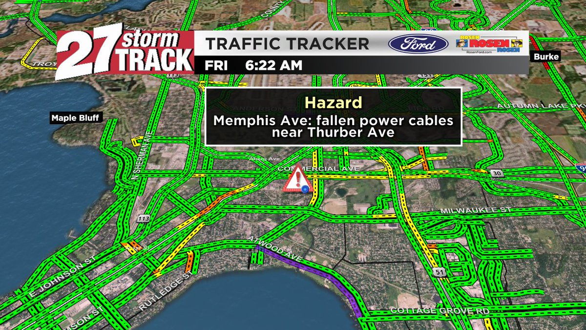 WKOW's tweet photo. #TRAFFIC ALERT: Tree fell on a power line partially blocking the road in E. Madison at Memphis Ave. We have a crew heading that way and will have updates on #WakeUpWI &amp; @gma. https://t.co/BNyZeOG7lG