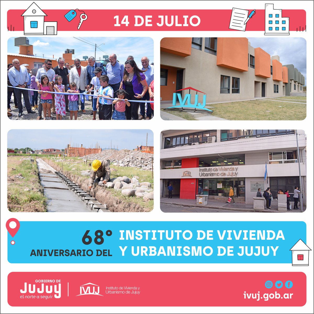 IVUJVivienda's tweet photo. Celebramos el 68° Aniversario del #IVUJ, trabajamos para concretar el sueño de las familias jujeñas. 🎊🏡

¡Gracias a todo el personal que lo hace posible!

🗓️ 14 de julio | 68° Aniversario del @IVUJVivienda https://t.co/i4wfvs9FSy