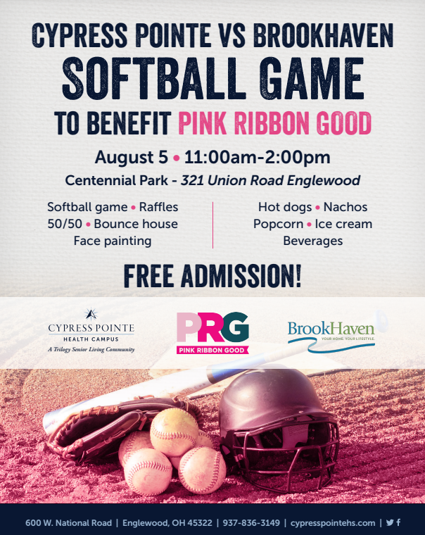 It's time for our PRG Softball Game 🥎 💗 
Admission is FREE for this event!!
We will have food for purchase, raffles, 50/50, and FUN for the kiddos 😄
ALL Proceeds benefit Pink Ribbon Good!
#CypressPointeHealthCampus 
#PinkRibbonGood