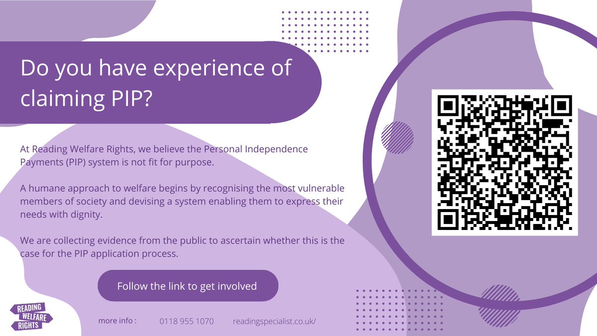 Is PIP fit for purpose? @RightsReading has launched a new campaign to test whether it is, or ever has been, fit for purpose. All survey results are anonymous. You can scan the R code or follow the link forms.gle/RcMdGhax7rv1RX…