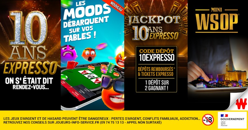 Winamax's tweet photo. Votre week-end de Fête nationale sur Winamax :
🎂 Les #10AnsExpresso.
🤪 Découvrez les Moods.
🎰 Le code dépôt 10EXPRESSO.
♦♠♥♣ Les #MiniWSOP.