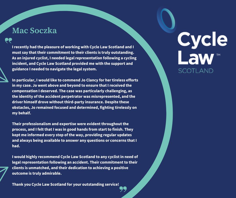 law_cycle's tweet photo. Mac recognised first-hand our #commitment to our #clients when we represented him following a #cycling incident where the driver was misrepresented and there was no insurance cover on the vehicle.

#lawyer #legal #solicitor #cyclelawyer #cyclelawscotland #rtalaw #WeRideToo https://t.co/rCrqxYwiRH