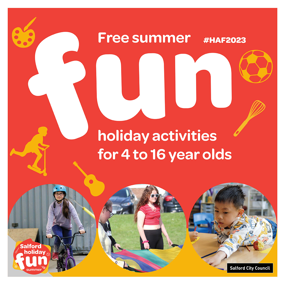 SalfordCouncil's tweet image. Communities and local organisations are all working together to provide children and young people with fun activities and learning opportunities this summer. Visit orlo.uk/Zrkqd to get your family involved. #HAF2023 #SalfordSummerOfFun