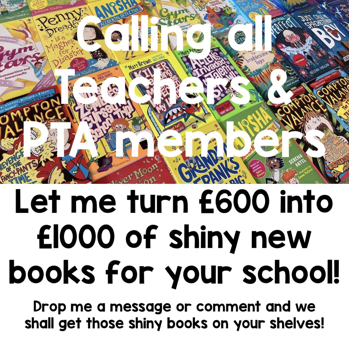 📣 Calling all TEACHERS &amp; PTA members 📣
Do you have any left over budget? Want to make a difference to the school library? 

There lots I can do, budget or none! 😊

#readingforpleasure