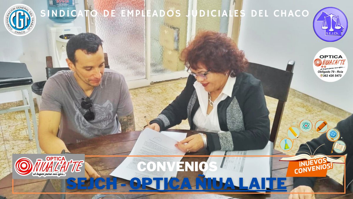 SEJChaco's tweet photo. CONVENIO SEJCH - @Óptica #ÑIUA #LAITE
#DESCUENTO EN #OPTICA
👉Nuestra Secretaria General del Sindicato De Empleados Judiciales Del Chaco @gracielaranda, firmo un importarte descuento con la @Óptica ÑIUA LAITE, gracias al cual todos los afiliados y afiliadas del @SEJChaco https://t.co/1DPOkpAWgS