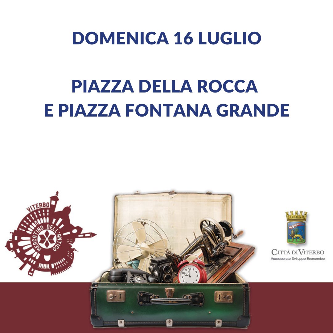 📌Mercatino dell’antico, domenica 18 giugno a piazza della Rocca e a piazza Fontana Grande dalle 8 al tramonto.

🌐 bit.ly/44n8arh

#ComunediViterboInforma