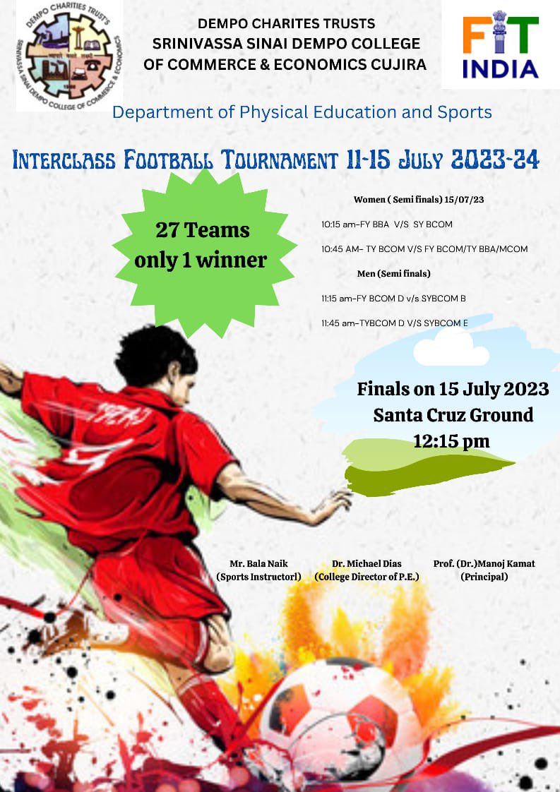 dempocollegegoa's tweet photo. The Big Day is coming!!! Tomorrow we will have 1 winning team from the 27 teams that participated in this gruelling competition of interclass football at @DempoOf 

#TeamDempo is ready to host a fantastic finals. If you are around do drop by!!
#Football #GoaFootball #Sports https://t.co/OuiUoClGgc
