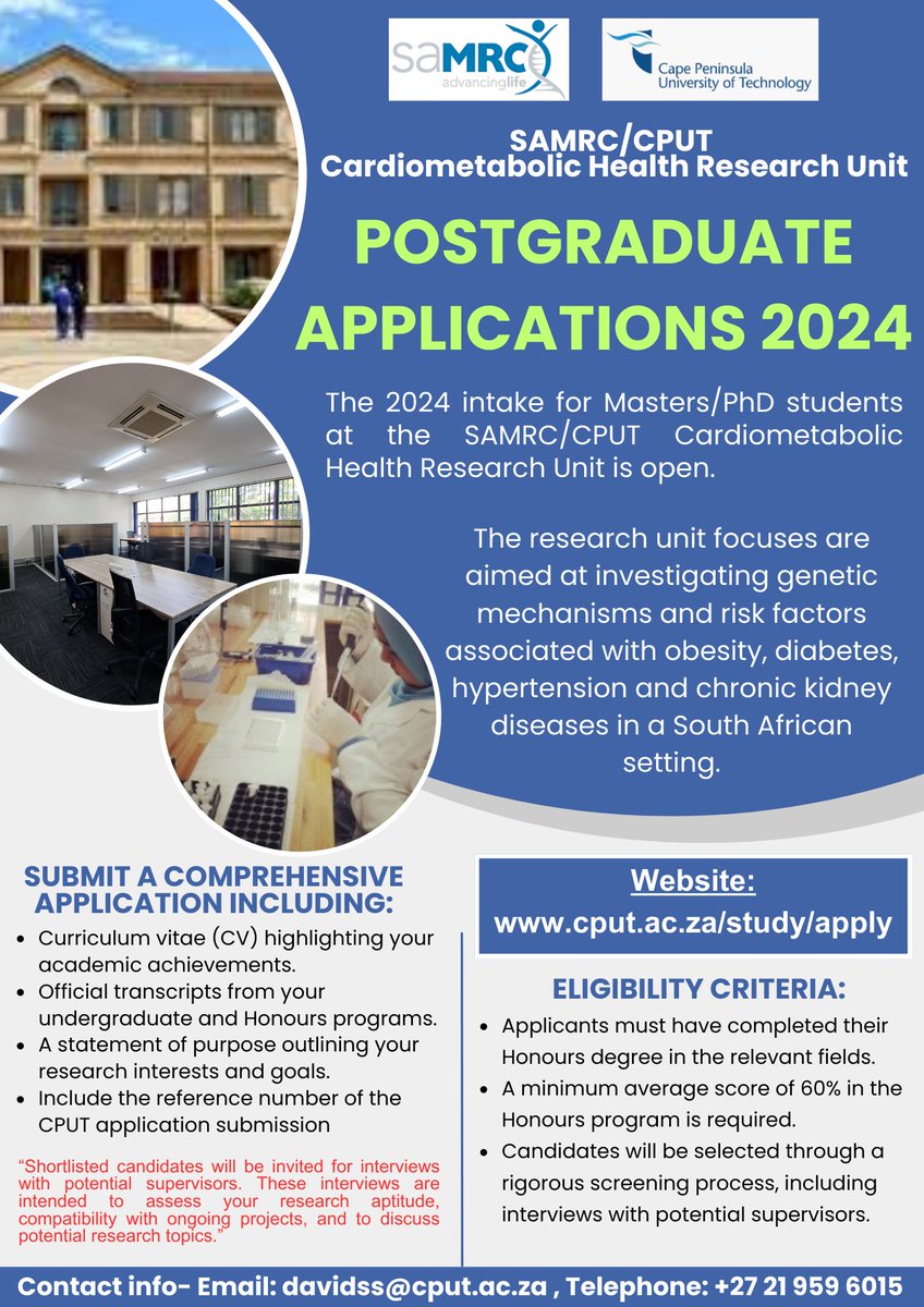 CMHRU_ZA's tweet photo. Applications at CPUT for 2024 is now open!!! Contact us for more info #research #postgraduatestudies #masters #phd https://t.co/vmhY90wJaB