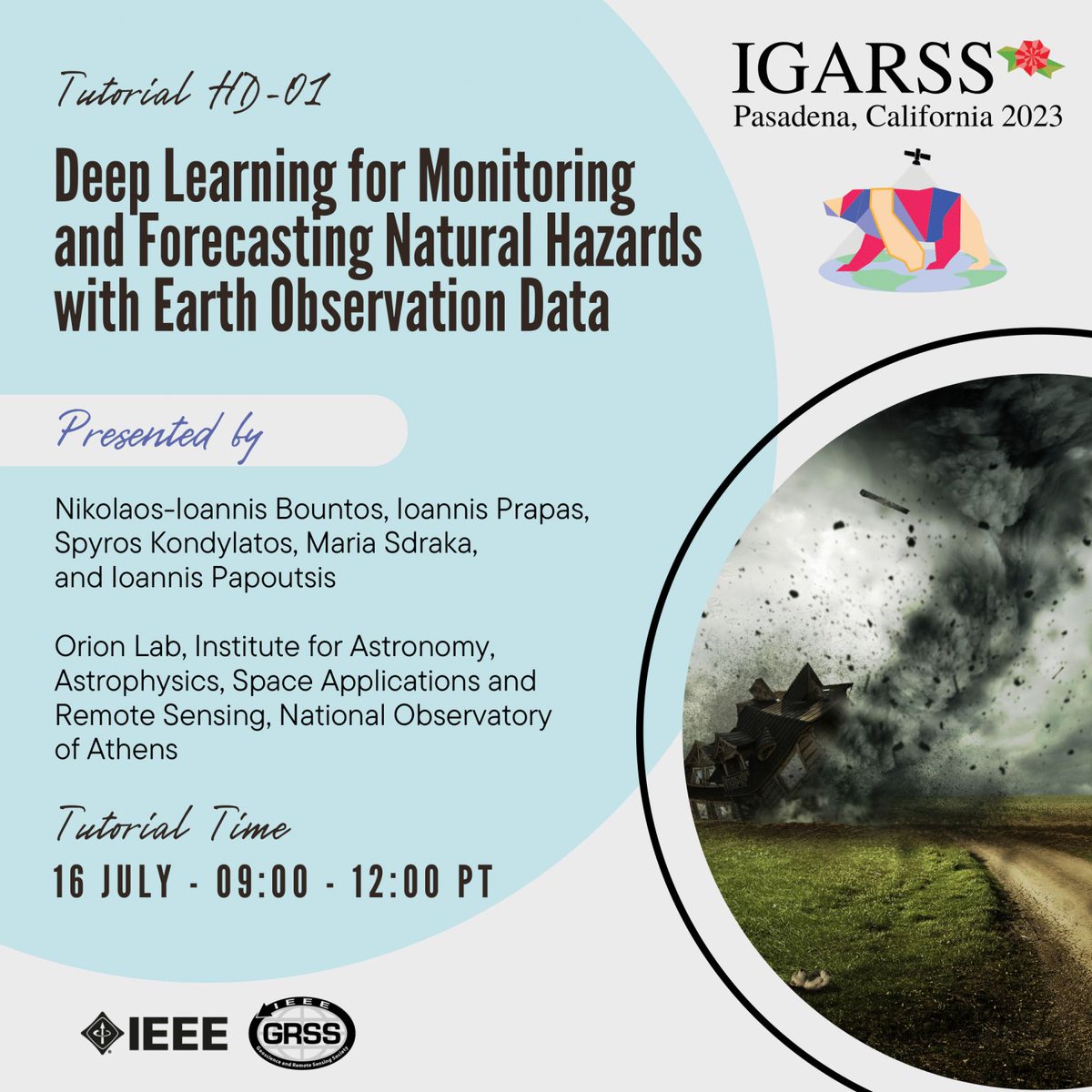 Are you attending IGARSS 2023? 
Check out our tutorial on Deep Learning for monitoring and forecasting natural hazards with earth observation data
➡️2023.ieeeigarss.org/tutorials.php#…

🗓️Sun, 16 Jul, 09:00-12:00 Pacific Time
📍Pasadena Convention Center - Room 101