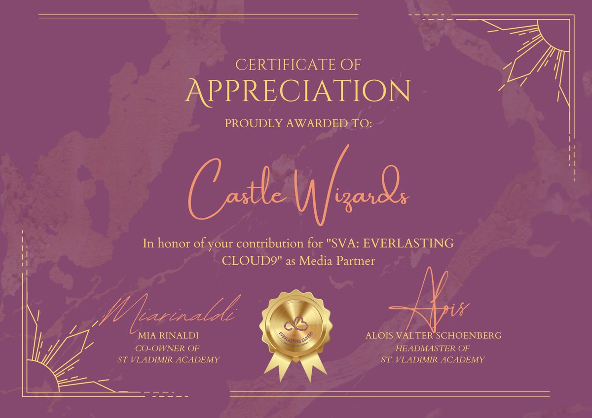 SVA_Invitation's tweet photo. ⠀
Dear @CastleWizards, 

Thank you for attending St. Vladimir Academy 9th Anniversarry, SVA Everlasting Cloud9. It means so much to us that despite your busy schedules, you were present to mark this beautiful moment with us. 

Thank you for coming. ♡
⠀ https://t.co/OUUhT5tYlK