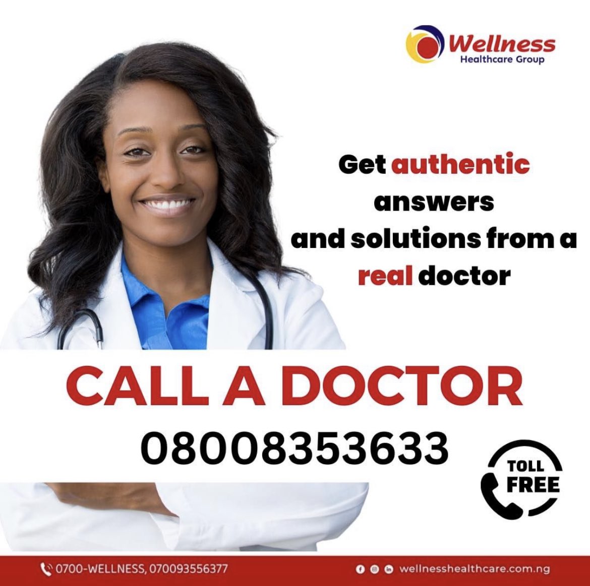wellness_care's tweet photo. NEED MEDICAL ATTENTION?

Just call a doctor Today 

Say no to self medication ❌

Keep Your Body in Check ✅

Call : 08008353633 (Toll Free) 
Call everyday ➡️ 8.00am - 9.00pm

#wellnessplus #wellnesscoach #hmoinlagos #wellness #wellnessplus #health #hmong #wellnesshmo #medlife https://t.co/mX9QGVyf2k