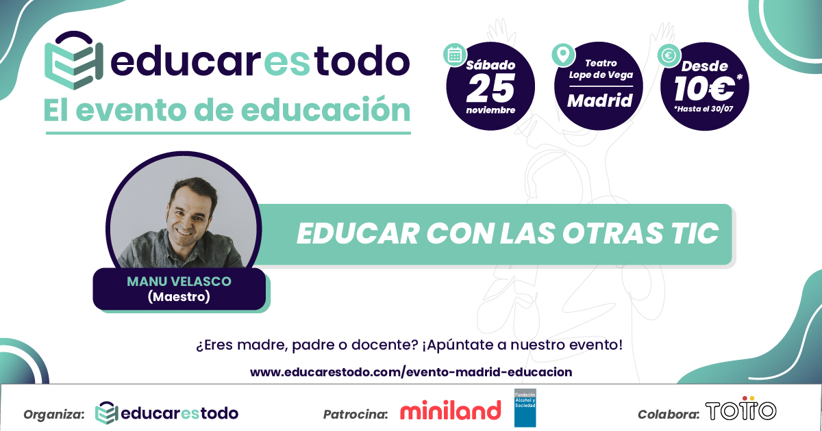 El docente #ManuVelasco insiste en que debemos educar en las otras TIC: Ternura, Interés y Cariño, para construir un futuro en el que la compasión, la empatía y el amor al prójimo sean los pilares de nuestra sociedad. De ello nos hablará en nuestro evento del 25 de noviembre. 🙌