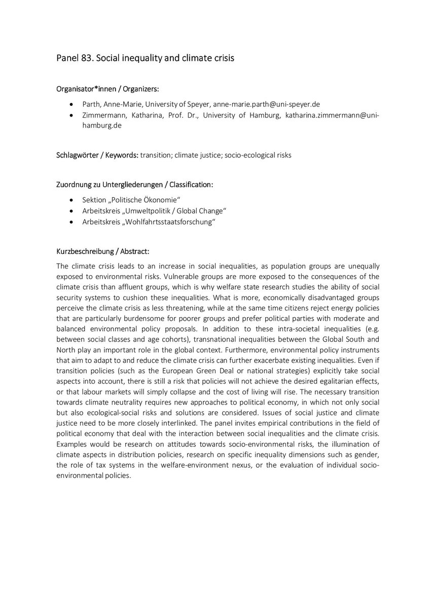 Our open panel on "Social inequality and climate crisis" got accepted for the DVPW Kongress 2024 <a href="/KM_Zimmermann/">Katharina Zimmermann🐟</a> <a href="/dvpw/">DVPW</a> CfP starts next week 🥳🤓