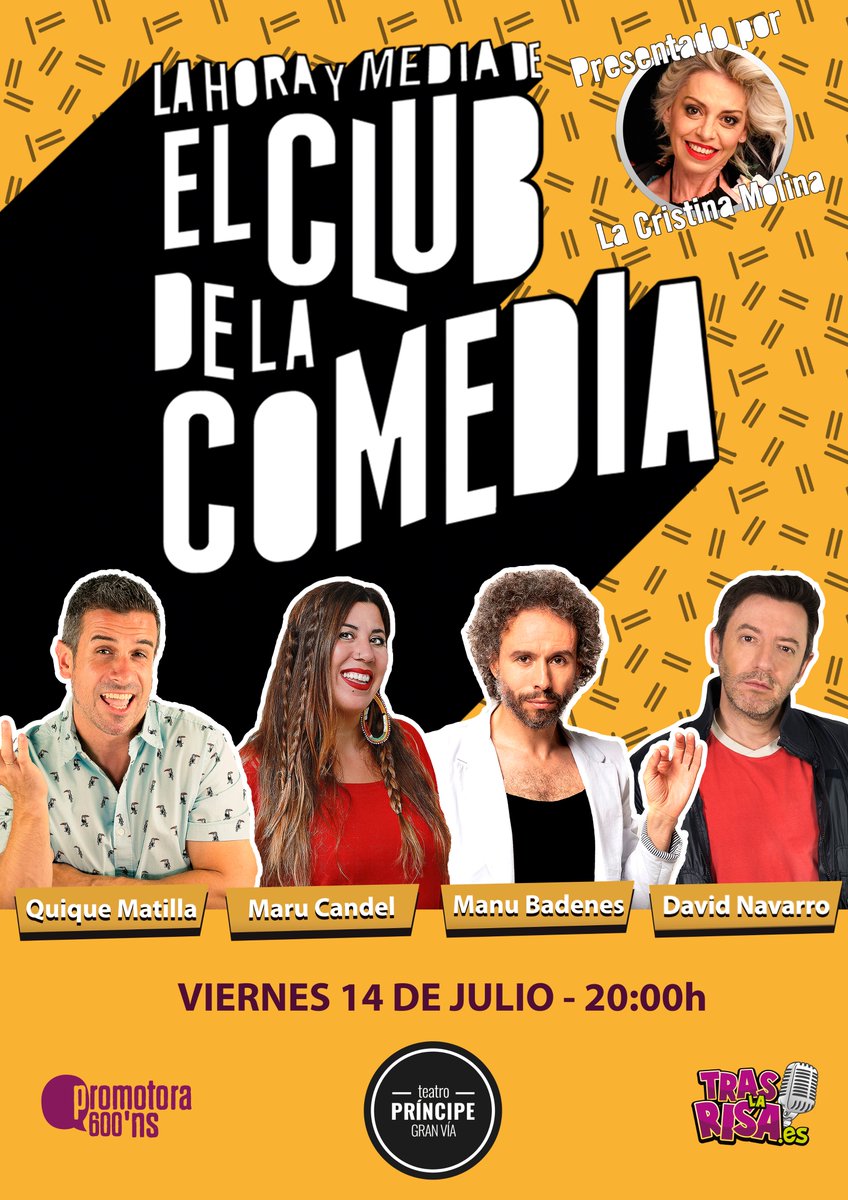 TrasLaRisa's tweet image. ¡Ven a reír este FINDE al Teatro Príncipe Gran Vía de #Madrid con #LaHoraYMediaDeElClubDeLaComedia! 🥳🥳

¡No te quedes sin tus entradas! 👉 bit.ly/Club-MAD

#MonólogosTrasLaRisa #teatro #humor #ocio #cómicos