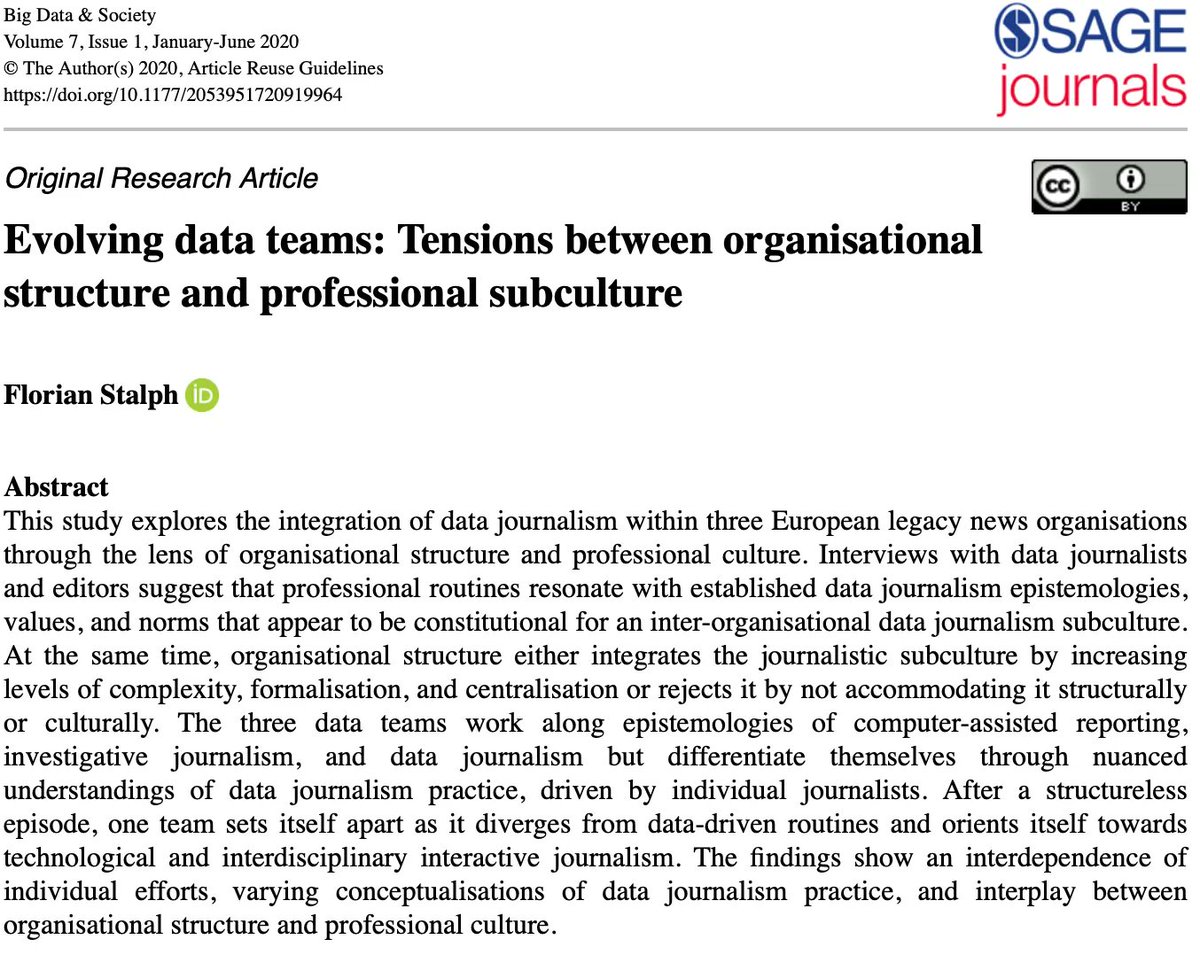 Today we're highlighting an article on data #journalism, 'Evolving data teams: Tensions between organisational structure and professional subculture' by Florian Stalph (@fstalph). Check it out here: buff.ly/3pzJSLE