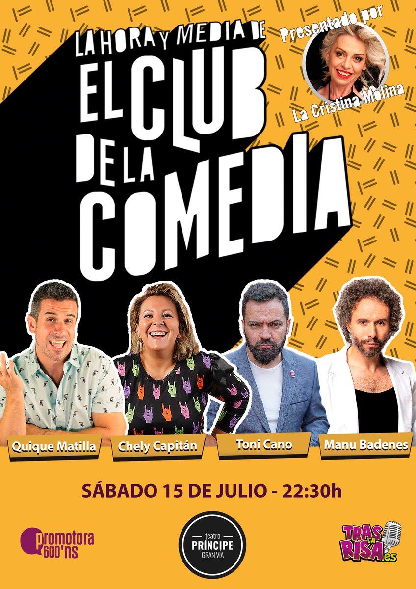 TrasLaRisa's tweet image. ¡Ven a reír este FINDE al Teatro Príncipe Gran Vía de #Madrid con #LaHoraYMediaDeElClubDeLaComedia! 🥳🥳

¡No te quedes sin tus entradas! 👉 bit.ly/Club-MAD

#MonólogosTrasLaRisa #teatro #humor #ocio #cómicos