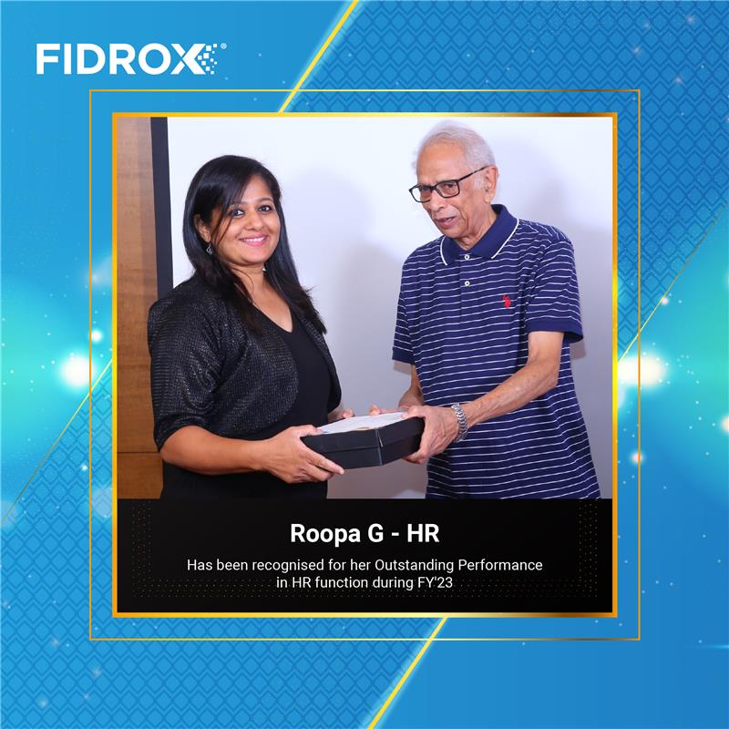 We are delighted to announce that Roopa G has been recognized for her Outstanding Performance in HR during FY'23. We are truly thankful for her invaluable contributions. Many #congratulations to Roopa.
#Rewardsandrecognition #Performance #Awards #employeeengagement #Fidrox