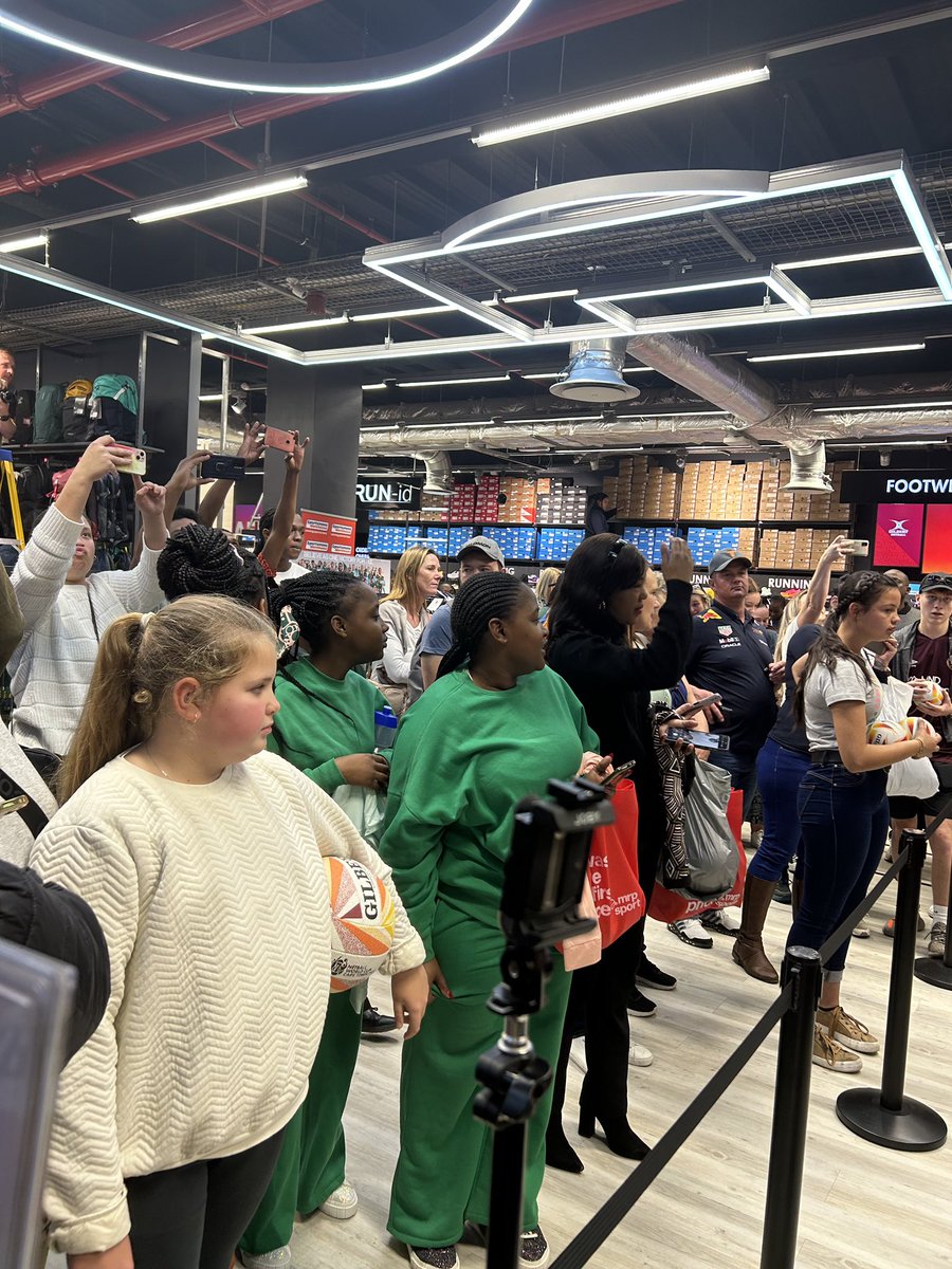 gsport4girls's tweet photo. The #SPARProteas team grace the crowd with their presence as the meet and greet takes place 🥳🤩 #NWC2023 #PutYourHandsUp #NetballFriday @TelkomZA @PUMASouthAfrica https://t.co/HhNG8Z74ir