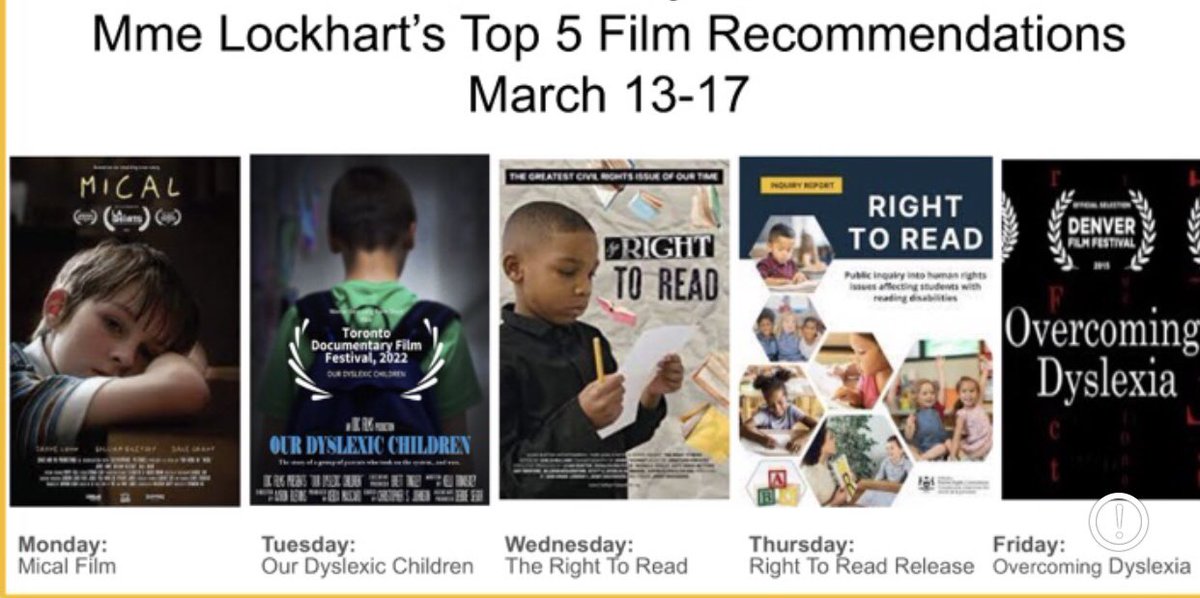 Don’t have time to read a book on the #ScienceOfReading, its importance and implications? Try watching a film or documentary instead! Here are my recommendations: @NessyLearning @RightToReadFilm @Parents4RJ @IDA_Ontario @TracerProducti