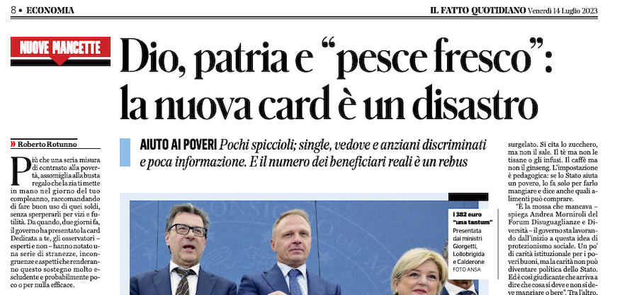 DD_Forum's tweet photo. La carta acquisti per beni alimentari del governo è "carità istituzionale per i poveri buoni, ma la carità non può diventare politica dello Stato. Ed è così giudicante che arriva a dire che cosa si deve e non si deve mangiare o bere". 
Andrea Morniroli su @fattoquotidiano👇 https://t.co/TSq10QoeQD