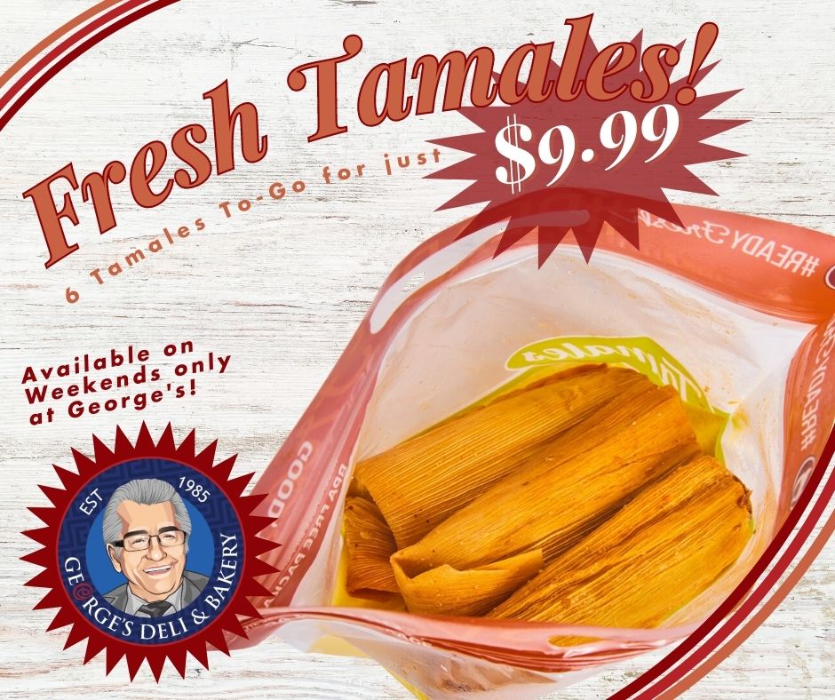 georges_market's tweet photo. It's a Tamale Extravaganza at George's Deli every Friday, Saturday and Sunday only! Grab a pack of 6 mouthwatering tamales for just $9.99. Don't miss this incredible deal, conveniently located next to our rotisserie chickens. https://t.co/TV5FnbNfse