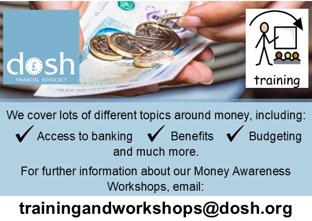 Our money awareness training workshops cover lots of topics including: access to banking, benefits, budgeting and much more! 

Find out more about our training and workshops by visiting: dosh.org/training-and-w…