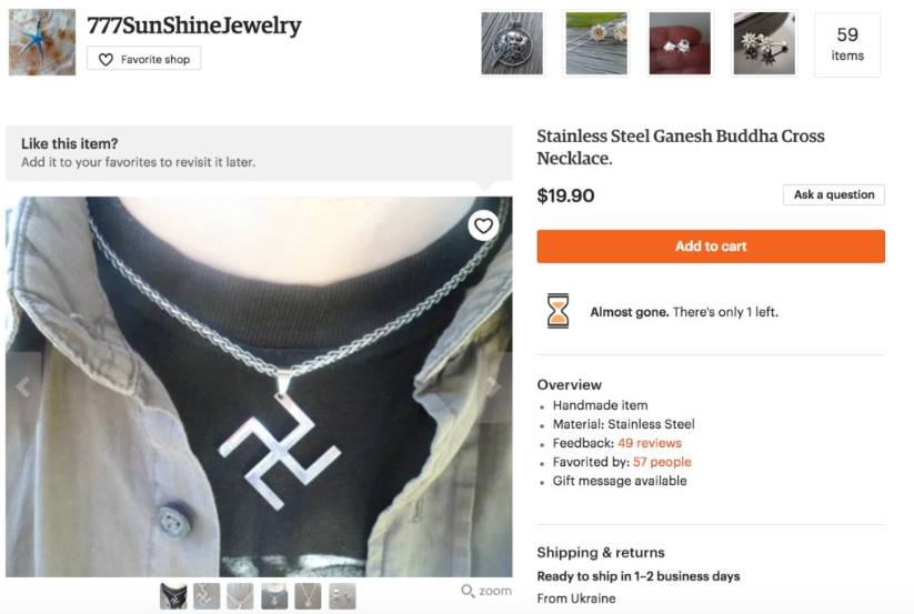 Manigarm's tweet photo. These are appearing again. To be clear, this is not a Hindu/Buddhist swastika. No matter how the seller labels it.

South Asian swastikas are not usually tilted (they sit flat on the bottom arm) and are almost always accompanied by additional decorations... (con't) https://t.co/NwUgt7NVSP