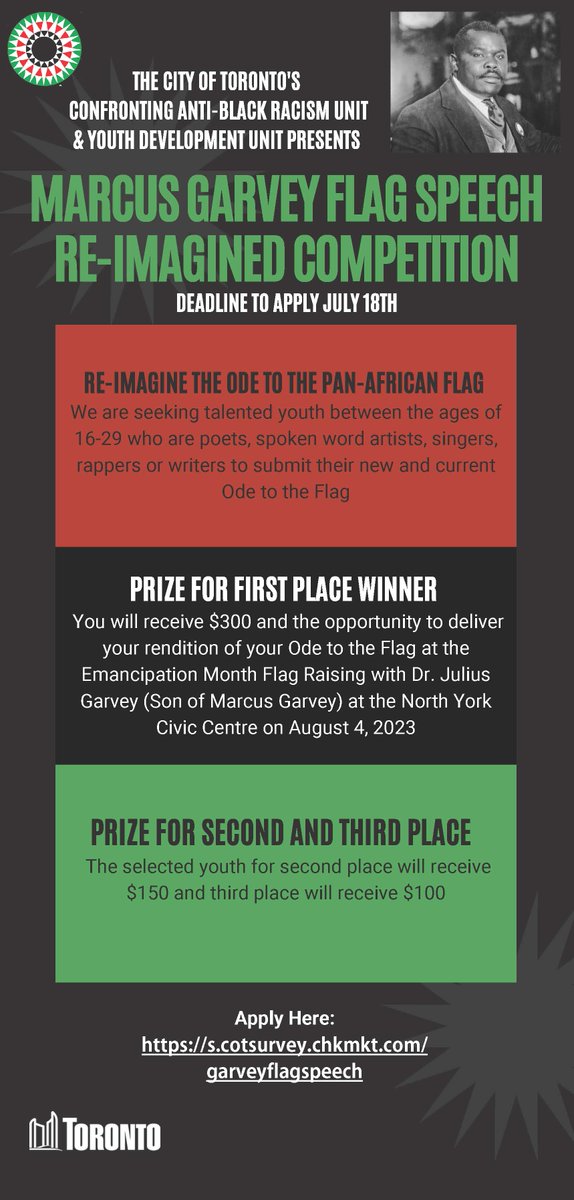 Call out to youth performance artists! To celebrate Emancipation Month 2023, the City of Toronto invites talented youth artists to re-imagine the "Ode to the Black Liberation Flag"! Cash prizes for top three entries! To enter: ow.ly/8zG350Pb4bF
#CABRTO #EmancipationMonth
