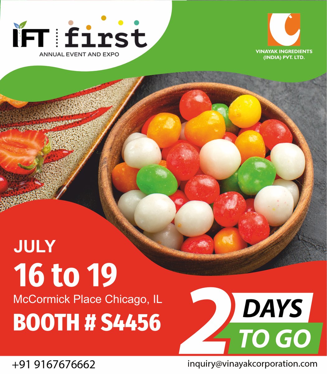 Only 2 days to go! We would like to invite you to our booth to explore a wide range of plant-based ingredients.

See you there! #IFT2023
#IFT #VinayakCorporation #VinayakIngredients #JoinUs #Exhibition2023 #IFTFirst #NaturalFoodColor #India #innovation #future #foodindustry #food