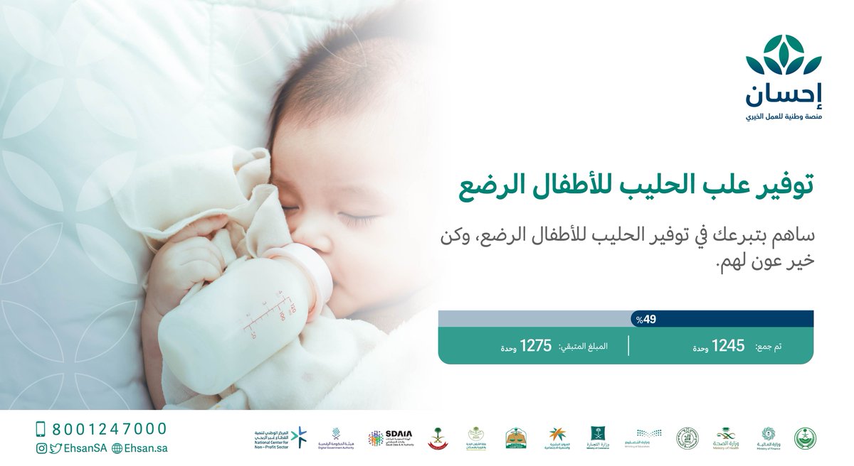 أسر بحاجة إلى توفير الحليب لأطفالها الرضع؛ بإحسانك تعينها وتوفر احتياجاتها.

#العطاء_بإحسان

ehsan.sa/subsidy/detail…