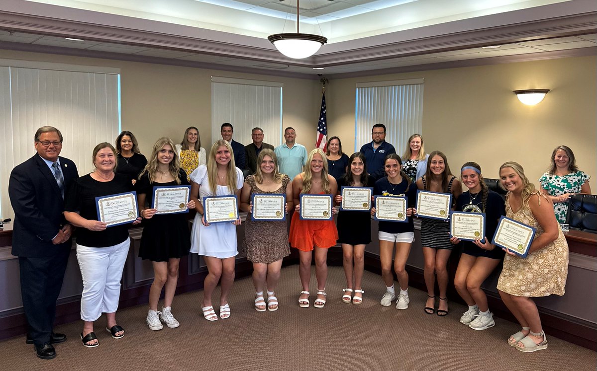 TallmadgeOhio's tweet photo. Mayor Kline, City Council, Law Director Megan Raber &amp; Finance Director Mollie Gilbride honored the @Tallmadge_sball team for their 2023 OHSAA Division II State Championship last night city council. The City of Tallmadge is so proud of this exceptional team and their coaches! 🥎🏆 https://t.co/c1IxF60WPh